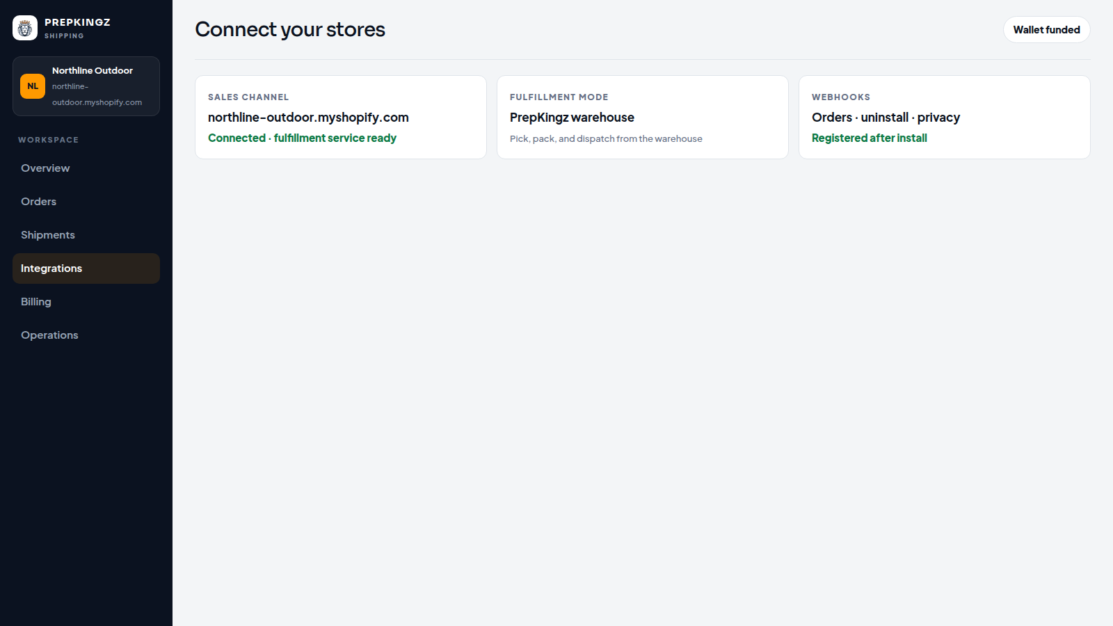 Integrations screen with a connected Shopify store