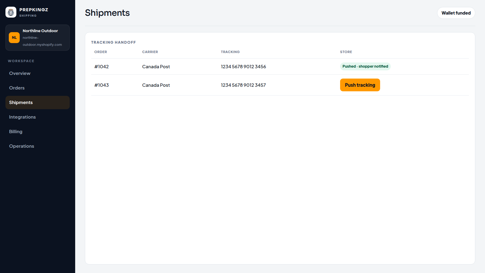 Shipments list with tracking sent to the shopper